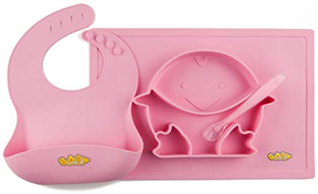 Baby Yum Yum Silicone Placemat Set with Bib, Stay Put Placemat and Spoon (Pink)
