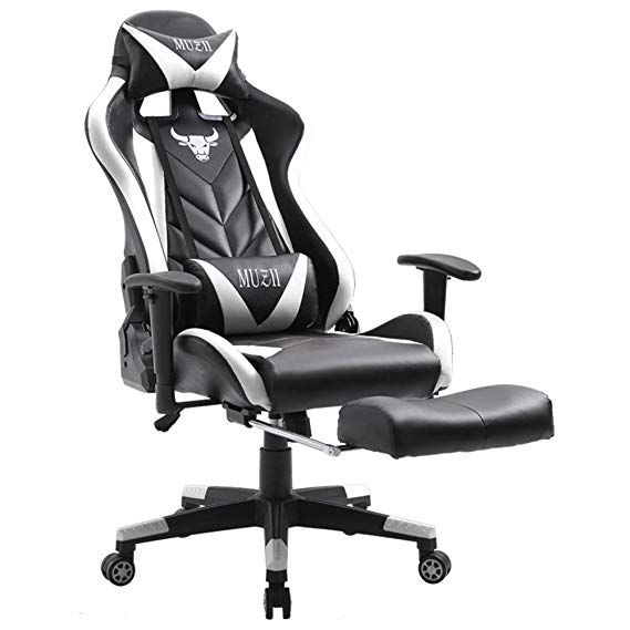 Muzii Gaming Chair Adjustable Reclining High-Back PU Leather Computer Gaming Chair Racing Style Swivel Video Game Chair with Footrest Lumbar Support and Headrest (Black White)
