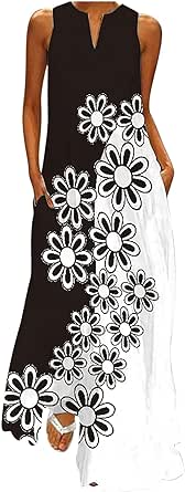 Summer Dresses for Women Trendy Sunflower Print Notch V Neck Maxi Dress Casual Sleeveless Beach Sundress with Pockets