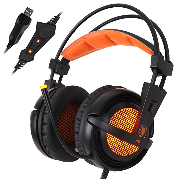 SADES A6 USB PC Gaming Headset 7.1 Surround Sound Stereo Gaming Headphones Over Ear Headband with High Sensitivity Microphone Volume Control Breathing LED Lights for PC Gamer(BlackOrange)