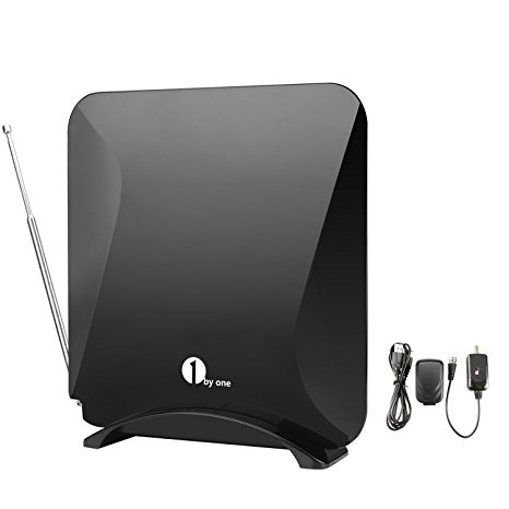 1byone Amplified HDTV Antenna with Stand, 40 Miles Range Digital Indoor TV Antenna with Detachable 20dB Amplifier USB Power Supply, Omni-directional Antenna with10 Feet High Performance Cable, Black