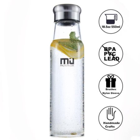 MIU COLOR® 18.5 oz Glass Water Bottle - Eco-friendly Borosilicate, BPA, PVC and Lead Free, with Portable Nylon Sleeve, Bottle Brush, Healthy for Outdoor, Running, Bike, Car