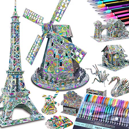 10-PACK 3D Coloring Puzzle Large Architect Models: 10 3-D Puzzles   48 Gel Pens by Talented Kidz. 3D Puzzles for Adults & 3D Puzzles for Kids Ages 10-12. Builder STEM Art Crafts for Girls High IQ Gift