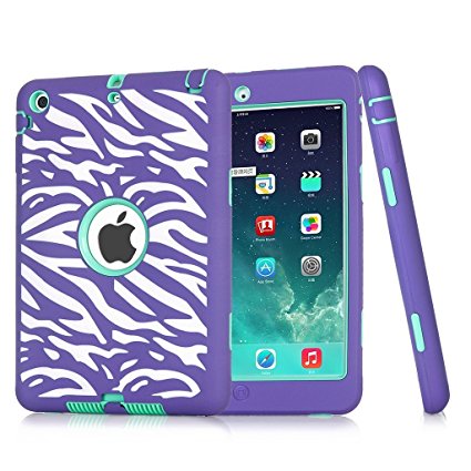 iPad mini 3 / 2 / 1 Case, Hocase Double Layer Rugged Hard Rubber Protective Case Cover for Apple iPad mini 1 / 2 / 3 - Purple Zebra / Aqua