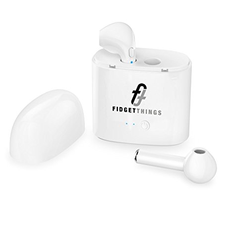 Bluetooth Headphones by Fidget Things: White Wireless Headset Charging Case Earbuds with Mic for iPhone 6 / 6s / 6s Plus / 7 / 7 Plus / 8 / 8 Plus / X, Android, Samsung, Galaxy