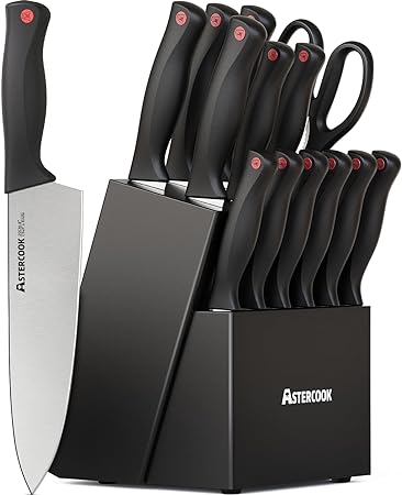 Knife Set, Astercook 15 Pieces Kitchen Knife Set with Built in Sharpener Block, Dishwasher Safe High Carbon Stainless Steel Knife Block Set, Black