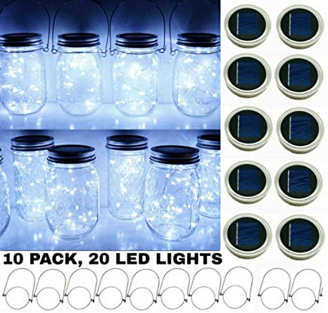 Solar Mason Jar String Light Lids, 10 Pack 20 LED Fairy Firefly String Light Inserts with 10 Hangers Starry Lightin for Patio Lawn Garden Wedding (Cool White)