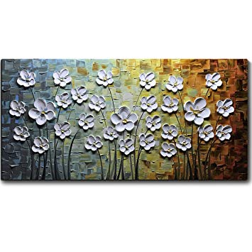 V-inspire Paintings, 24x48 Inch Paintings White Daisy Flower Oil Painting 3D Hand-Painted On Canvas Abstract Artwork Art Wood Inside Framed Hanging Wall Decoration Abstract Painting