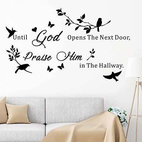 Until God Opens The Next Door Praise Him in The Hallway Wall Decals Inspirational Religious Faithful Quote Wall Stickers Peel and Stick Bible Verse Stickers Home Bedroom Living Room Church