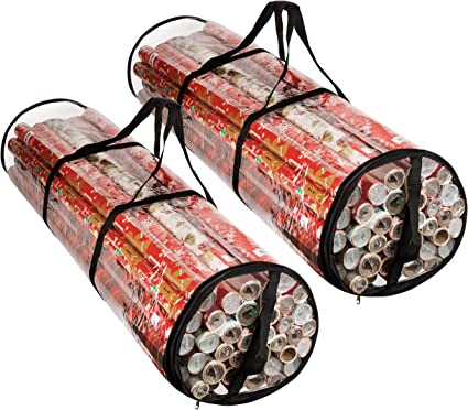 Clear Wrapping Paper Storage Bag - Transparent Design, Dual Zipper and Two Handles for Easy Carrying. Store Up to 25 Standard 40-Inch Gift Wrap Rolls. (BLACK | 2-PACK)