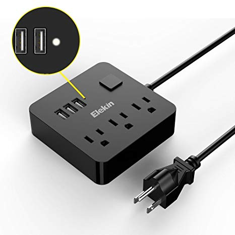 Power Bar Elekin Travel Power Strip USB Charging with 3 USB   3 AC Outlets, Switch Control Charging Station and Phone/Tablet Stand 4 Foot Cord- Black
