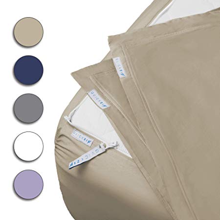 QuickZip Fitted Sheet - Includes 1 Fitted Sheet Base & 2 Zip-On Sheets - Easy to Change, Won’t Pop Off Full Sheet - Soft Sateen 400 TC Cotton Fitted Sheets - 15” Deep Pockets Full Size Sheets - Sand