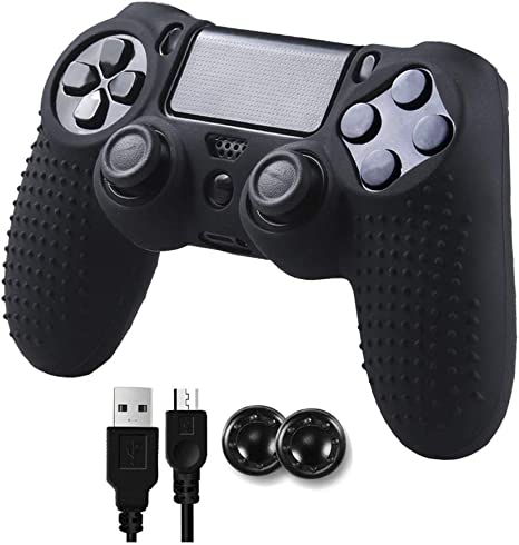 PS4 Controller, Wireless Game Controller Compatible for Playstation 4 Console With Silicone Cover Skin and Thumb Grips NOTE: Third Party Controller, Not Original Product (PS4 Black)