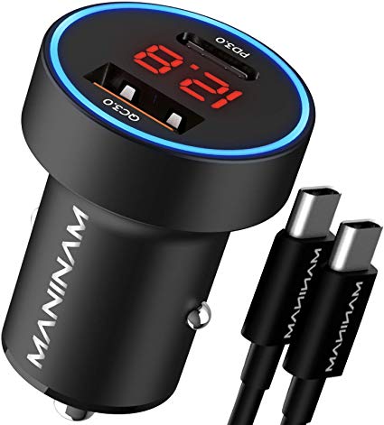 MANINAM USB C Car Charger, Metal Multi Device Dual USB 30W Power Delivery 3 and 18W Qualcomm Quick Charge 3, QC4 PD3 PPS QC3 Fast Charge   5A USB C Cable for Samsung Pixel iPad Tablet Camera Nintendo