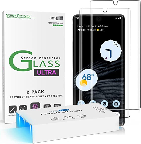 amFilm (2 Pack) 3D Curved Tempered Glass for Pixel 7 Pro Screen Protector 5G 6.7 Inch, Fully Compatible with UltraSonic Fingerprint Scanner, Upgraded Easier Application