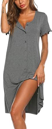 Ekouaer Women's Nightshirt Short Sleeve Button Down Nightgown V-Neck Sleepwear Pajama Dress