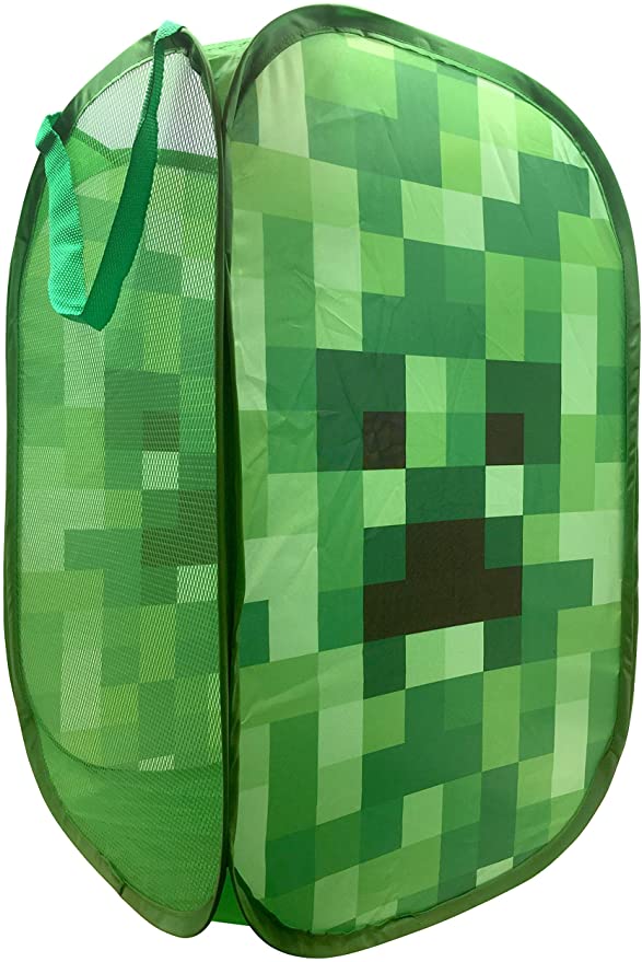 Jay Franco Minecraft Creeper Pop Up Hamper - Mesh Laundry Basket/Bag with Durable Handles, 22" x 14" (Official Minecraft Product)