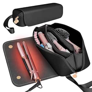 SS Hair Tools Travel Bag and Heat Resistant Mat for Hot Tools, Leather Curling Iron travel Case for Hair Tools, Portable travel essentials for Women, Black