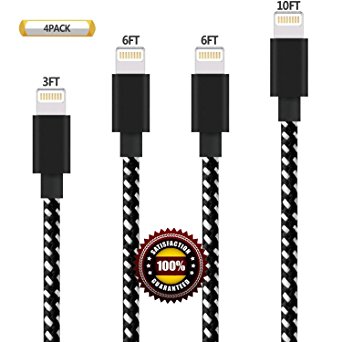 BULESK iPhone Cable 4Pack 3 6 6 10FT Nylon Braided Certified Lightning to USB iPhone Charger Cord for iPhone 7 Plus 6S 6 SE 5S 5C 5, iPad 2 3 4 Mini Air Pro, iPod Nano 7- (BlackWhite)