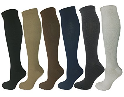 6 Pair Small/Medium Assorted Colors Ladies Compression Socks; Black, White, Tan, Grey, Brown, Blue. Moderate/Medium Compression 15-20 mmHg. Therapeutic, Occupational, Travel & Flight Knee-High Socks