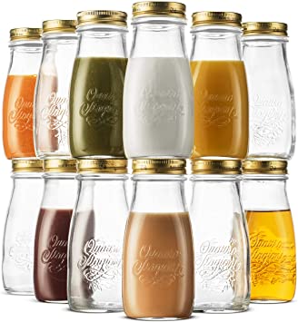 Bormioli Rocco Quattro Stagioni Glass Drinking jar bottle 13½ Ounce Milk Bottles with Gold Metal Airtight Lids, For Juicing, Smoothies, Homemade Beverages Bottle, Reusable Glass Water Bottle (12 Pack)