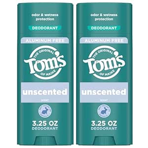 Tom’s of Maine Unscented Natural Deodorant for Women and Men, Aluminum Free, 3.25 oz, 2-Pack