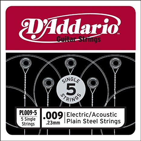 D'Addario PL009-5 Plain Steel Guitar Single String, .009, 5-pack