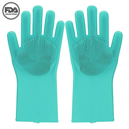 Magic Silicone Cleaning Gloves Dishwashing Scrubber - 1 Pair Reusable Dish Wash Scrubbing Sponge Gloves with Bristles, Great for Washing Dish, Kitchen, Car, Bathroom. 2PACK (Green)