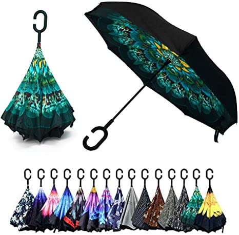 Peacock Double Layer Inverted Umbrellas - C Shaped Handle Reverse Folding Windproof Umbrella for Men and Women