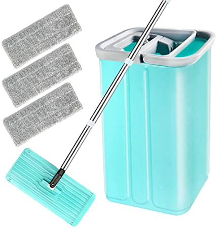 Floor Flat Mop Bucket Set - Flat Squeeze Mop, Home Floor Wizard Cleaning System with Aluminum Handle/2-Washable Microfiber Pads Perfect Home, Kitchen Cleaner for Hardwood