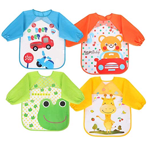 Vicloon Bibs with Sleeves,4 Pcs Waterproof Long Sleeve Bib Unisex Feeding Bibs Apron for Infant Toddler 6 Months to 3 Years Old