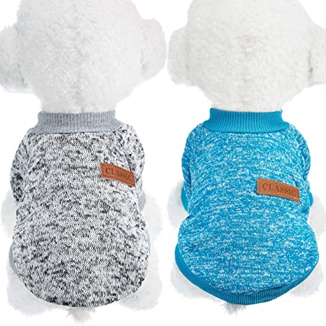 2 Pieces Pet Clothing Winter Puppy Classic Warm Coat Winter Puppy Sweater Puppy Knitwear Clothes (L, Grey, Blue)