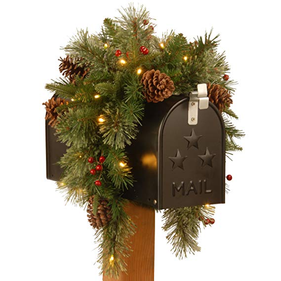 National Tree 36 Inch Feel Real Colonial Mail Box Swag with 8 Pine Cones, 8 Red Berries and 35 Warm White Battery Operated LED Lights with Timer (PECO7-395-36MB)