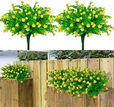 LAPONEE 8 Bundles Artificial Flowers UV Resistant Shrubs Plants, Faux Greenery for Indoor Outside Hanging Plants Décor to Make Your Garden Porch Window Box Home Wedding More Beauty (Yellow)