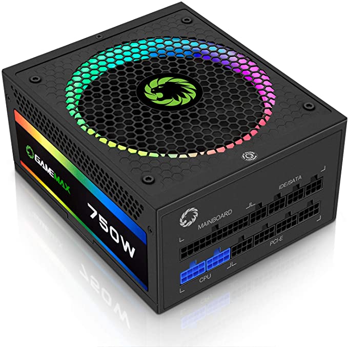 Power Supply 750W Fully Modular 80  Gold Certified with Addressable RGB Light - Vairous Color Mode, GAMEMAX RGB750-Rainbow