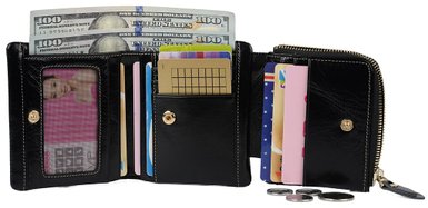 YALUXE Women's Mini Compact Genuine Leather Wallet with Zipper Pocket ID Window