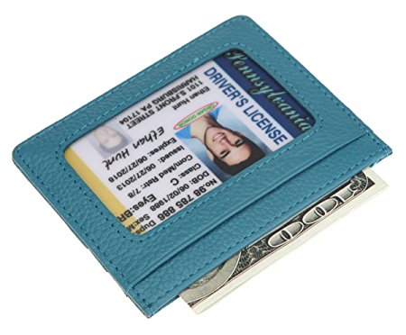 Foryee Handmade Genuine Leather Unisex Slim Super Thin Card Holder With ID Card Window - Light Blue
