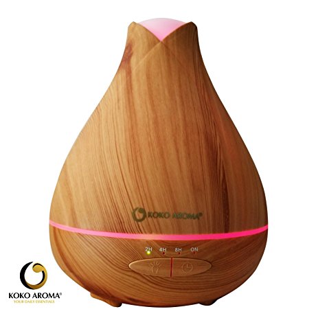 530ml Aromatherapy Ultrasonic Essential Oil Wood Grain Diffuser Burner – Zen Mist, Lasts 15 Hours, 14 LED Lights by KOKO AROMA(Light Wood 530ml)