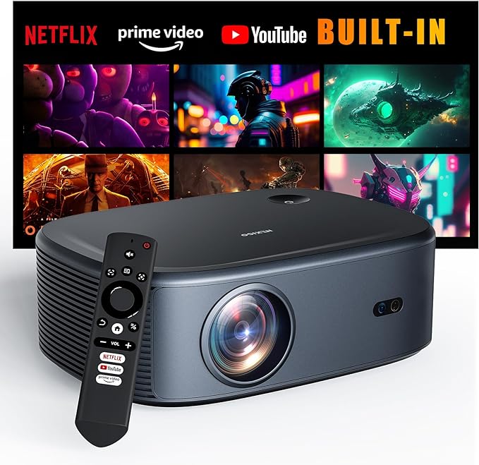 NexiGo Smart Projector, Netflix Officially-Licensed, Youtube/Prime Video, 800 ANSI Lumens, Auto Focus/Keystone, Native 1080P, 4K Supported, Dolby Audio, Compatible w/TV Stick, iOS, Android