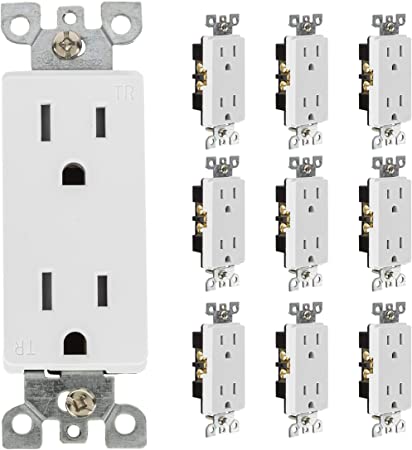 Decorator Receptacle Outlet, 10 Pack - Tamper Resistant Duplex 3 Prong Electrical Wall Outlets - 15 Amp, 125 Volt, 3 Wire, 2 Pole, Self-Grounding, UL Listed