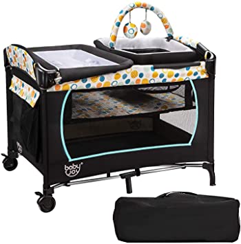 COSTWAY 4 in 1 Portable Travel Cot, Foldable Playard Infant Bassinet Bed with Mattress, Cute Toys, Wheels, Carry Bag, Changing Table and Cradle for Baby Toddler (Black)