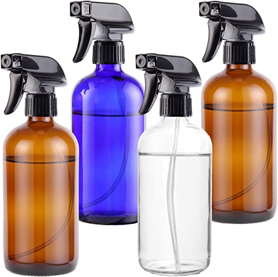 Empty Glass Spray Bottles 16oz for Cleaning, Plants, Pets, Essential Oils, Air Freshener, Durable Black Trigger Sprayer with Stream and Mist Settings (16oz X 4, Amber Blue Clear)