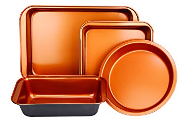 Copper Bakeware Set - Includes an Oblong Rectangular Pan, Brownie Pan, Round Cake Pan, and Meat Loaf Pan