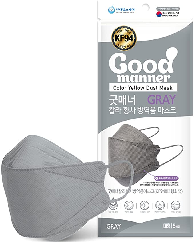 KF94 Disposable Face Safety Mask, Gray, Eco-Friendly Packaging - 5 Masks in 1 Pack, Breathable Mask for Adults – Good Manner