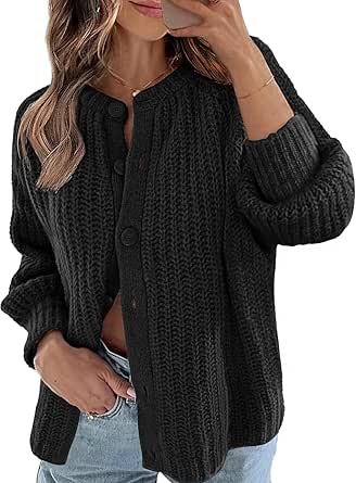 MEROKEETY Women's 2024 Long Sleeve Cardigan Sweater Crew Neck Button Ribbed Open Front Knit Outerwear