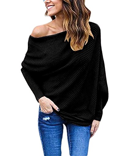 Women's Off Shoulder Batwing Sleeve Loose Pullover Sweater Knit Jumper