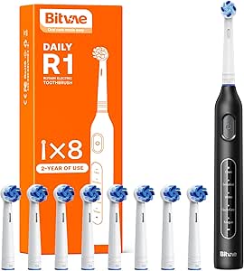 Bitvae R1 Rotating Electric Toothbrush with 8 Brush Heads for Adults and Kids, 60-Day Battery Life, 5 Modes Rechargeable Power Toothbrush with 2-Minute Smart Timer, Black