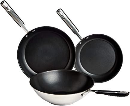 AmazonBasics 3 Piece Stainless Steel Induction Frying Wok Pan Set, 24cm, 28cm Frying Pan and 28cm Wok, Non Stick, with Soft Touch Handle, PFOA&BPA Free