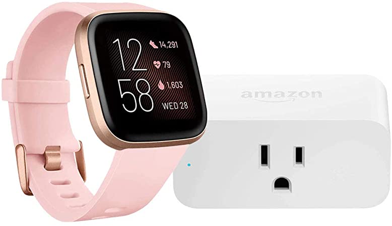 Fitbit Versa 2 Smartwatch (Petal/Copper Rose) with Amazon Smart Plug Bundle