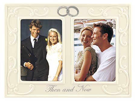 Malden International Designs Glazed Ceramic With Silver Accents And Jewels Double Interlocking Rings Then and Now Anniversary Picture Frame, 2 Option, 2-3.5x5, White